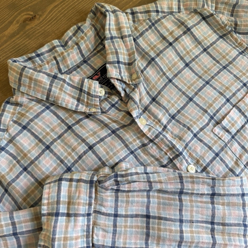 Vineyard Vines Men's Large Plaid 100% Linen Long Sleeve Button Down Shirt Collar